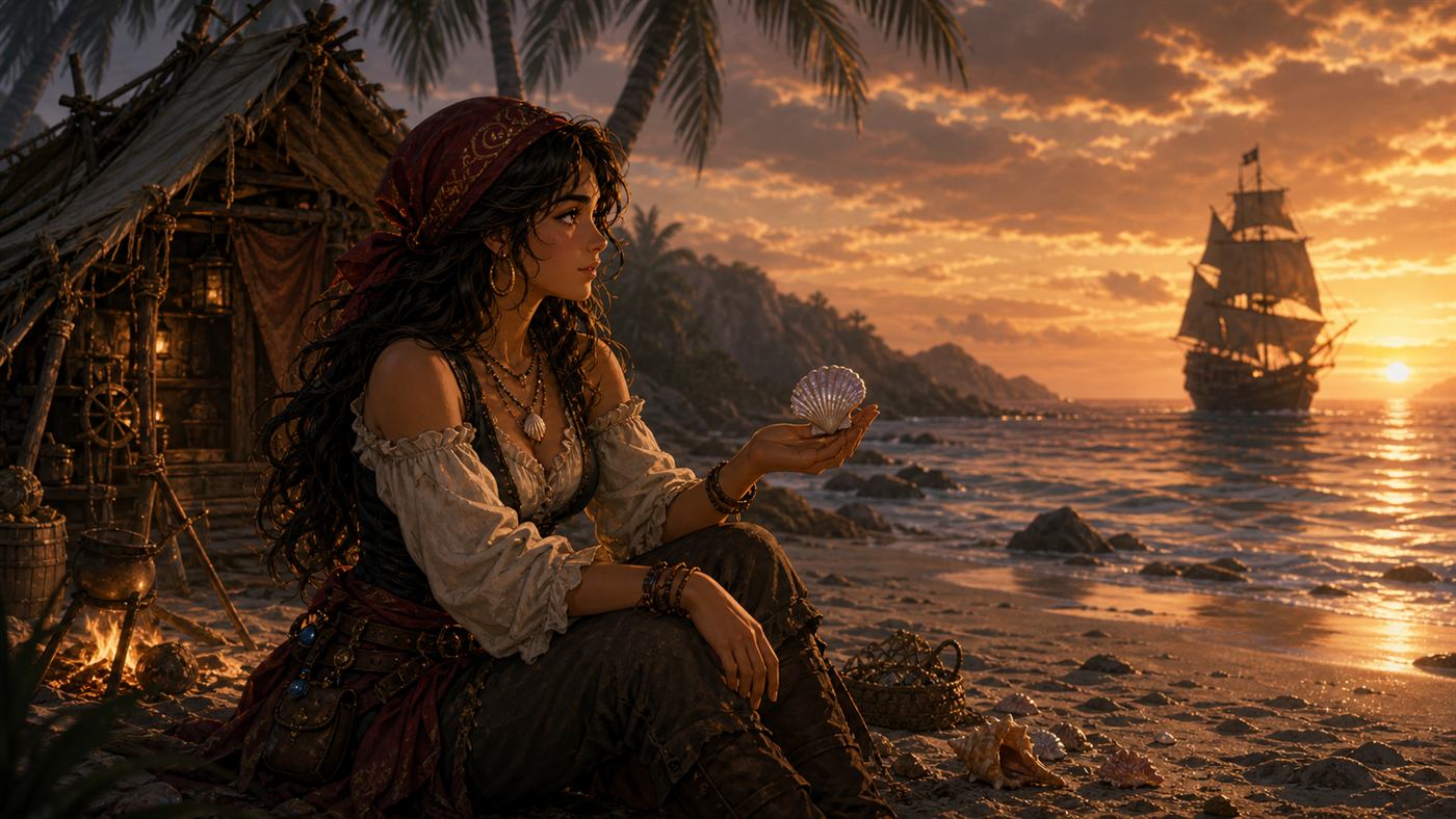 Lina sitzt mit einer Muschel am Abendstrand