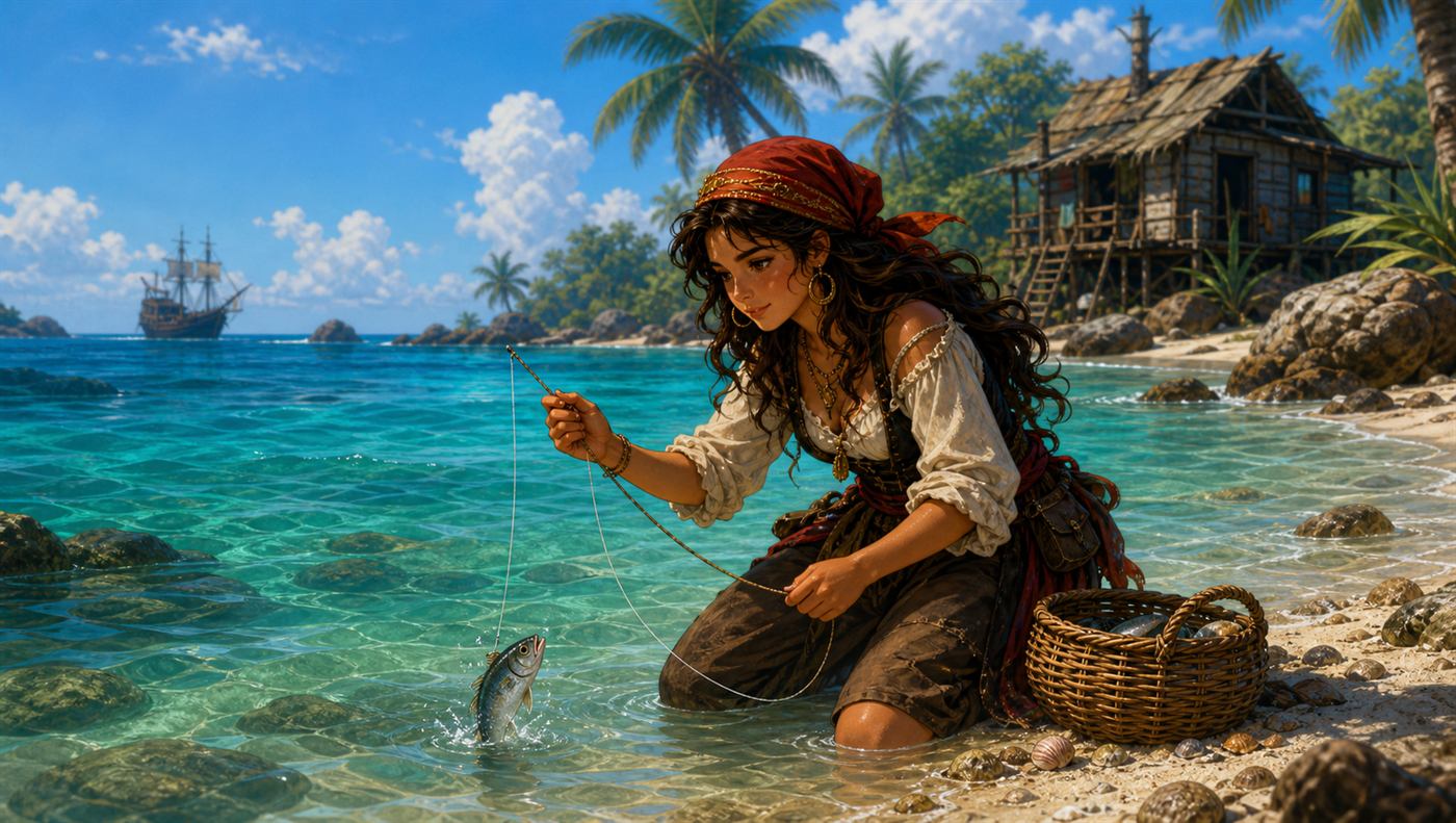 Lina fischt am flachen Wasser nahe ihrer Strandhütte