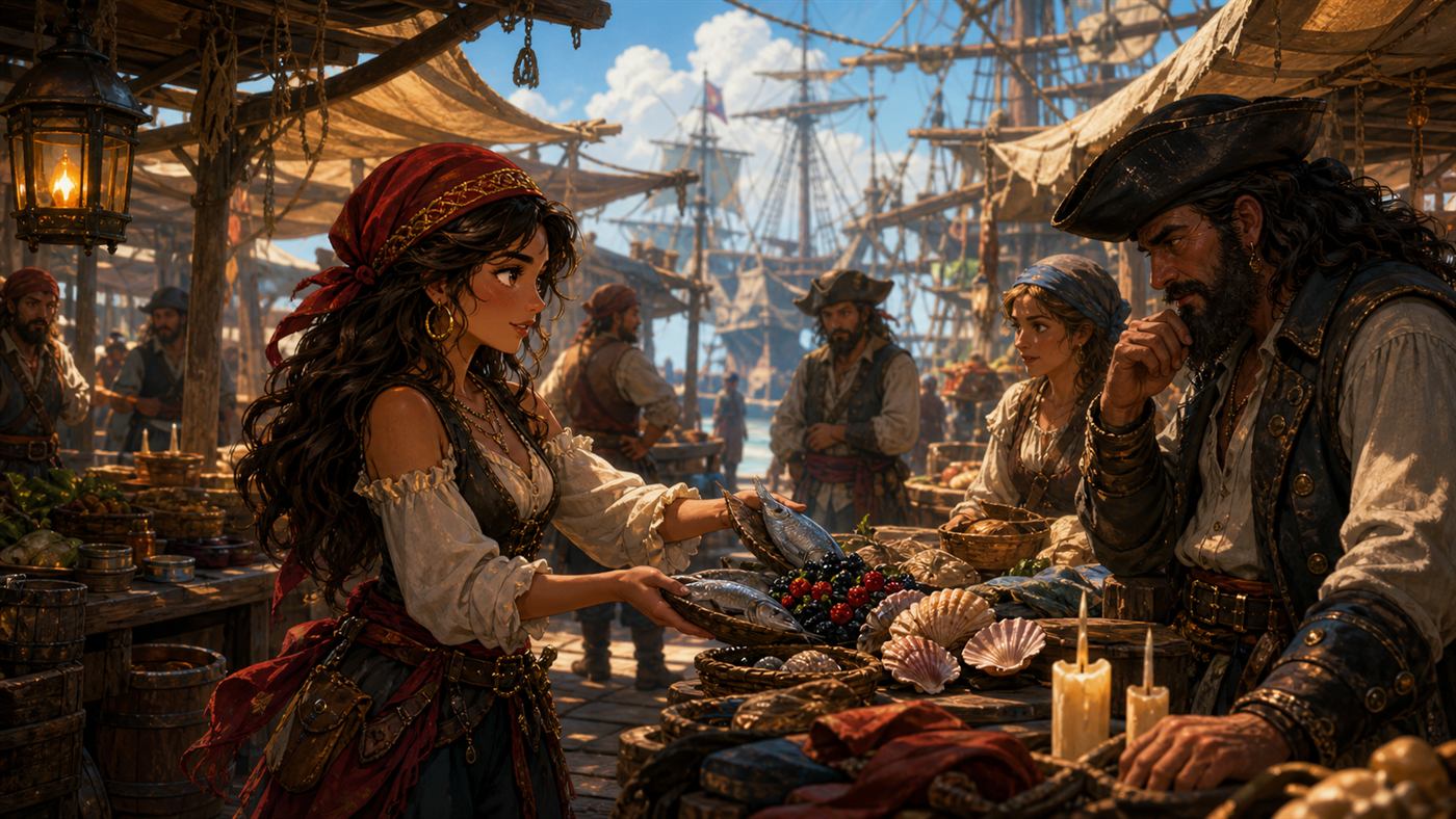 Lina tauscht Fisch, Beeren und Muscheln auf dem Piratenmarkt