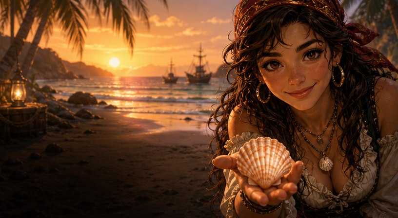 Lina am Strand mit Muschel und Piratenschiff