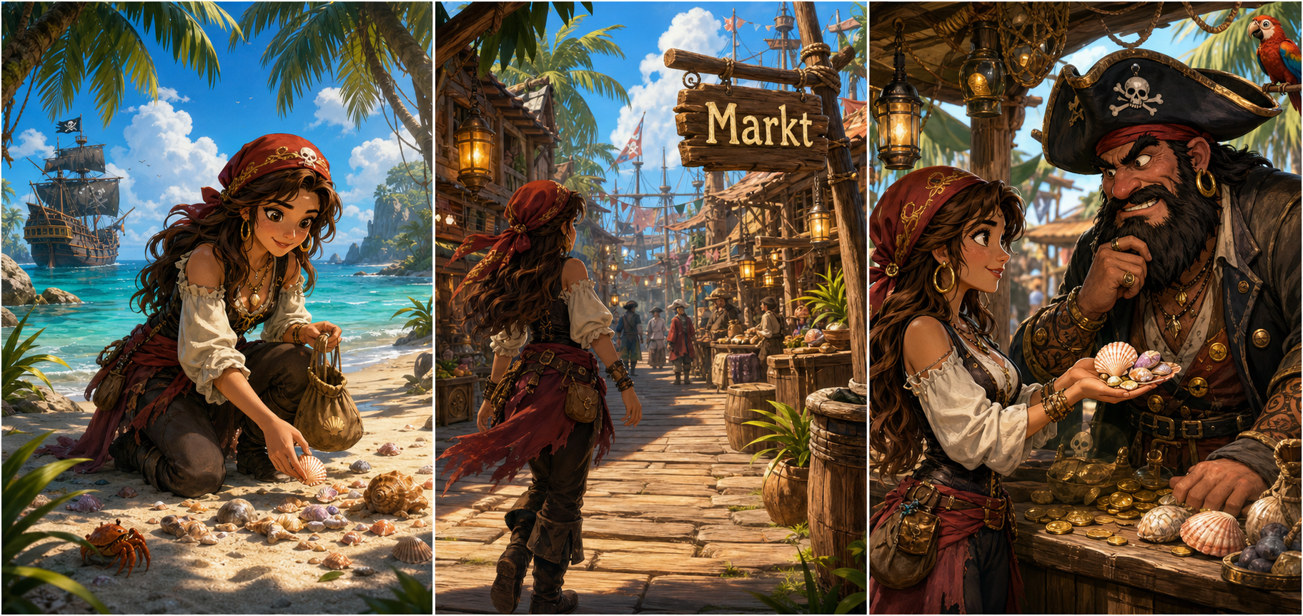 Drei Szenen einer Piratin, die Muscheln sammelt, zum Markt geht und mit einem Piratenhändler verhandelt