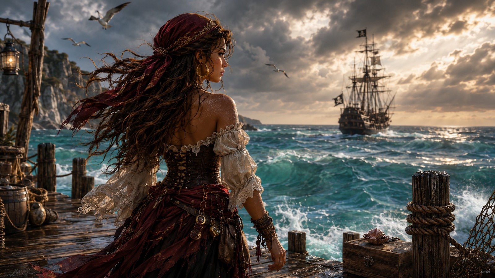 Lina steht am stürmischen Steg und schaut auf ein Piratenschiff
